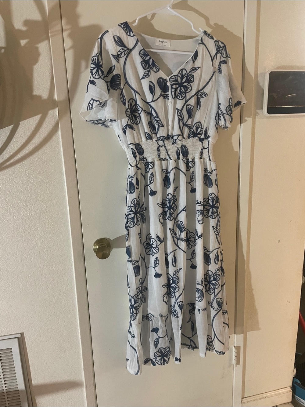 Navy White Floral Smocked Waist Midi Dress Cottagecore M - Picture 5 of 9